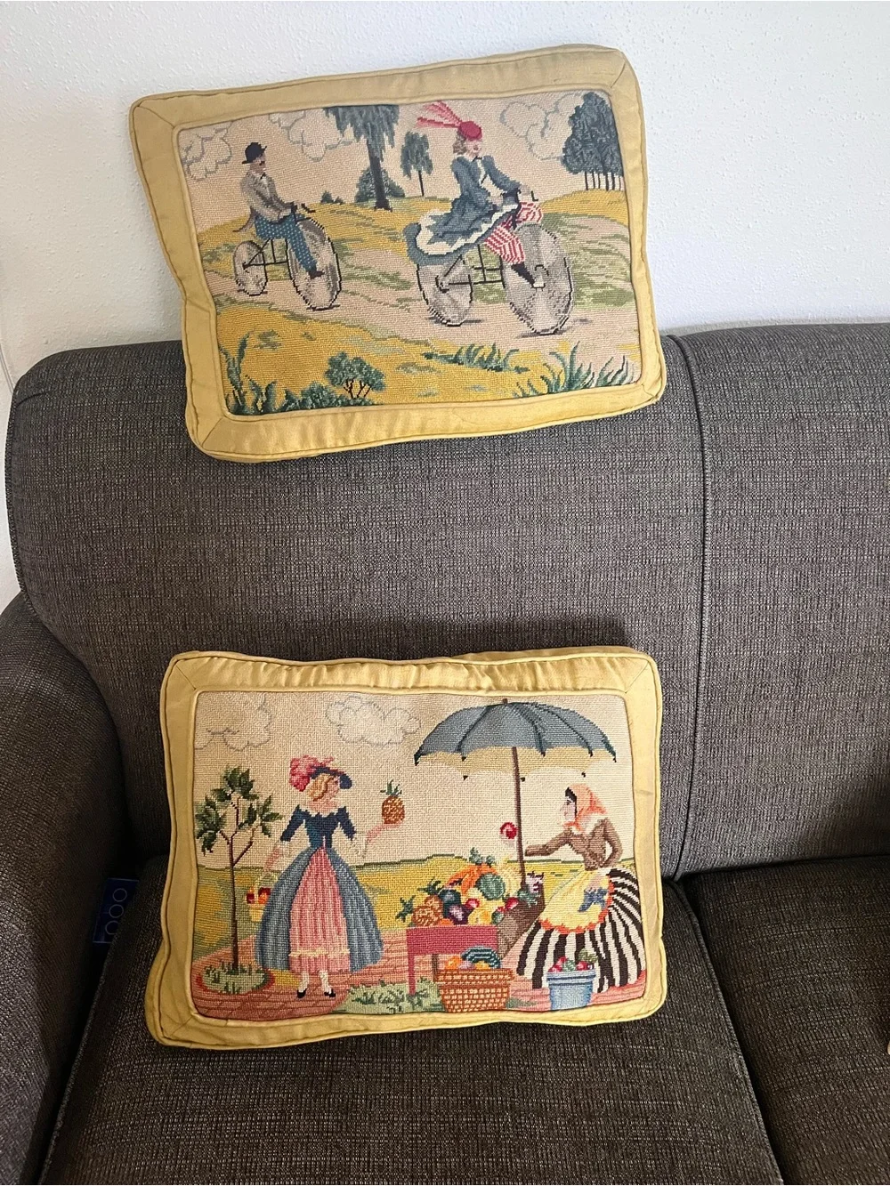 Vintage Tapestry Needlepoint Decorative Pillow - Yellow Border